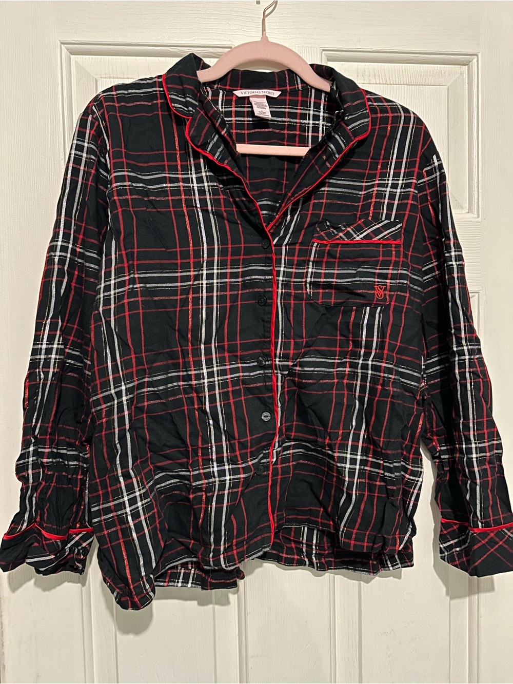 Victoria's Secret Black, Red & White Plaid Pajama Set with Button-Down Shirt